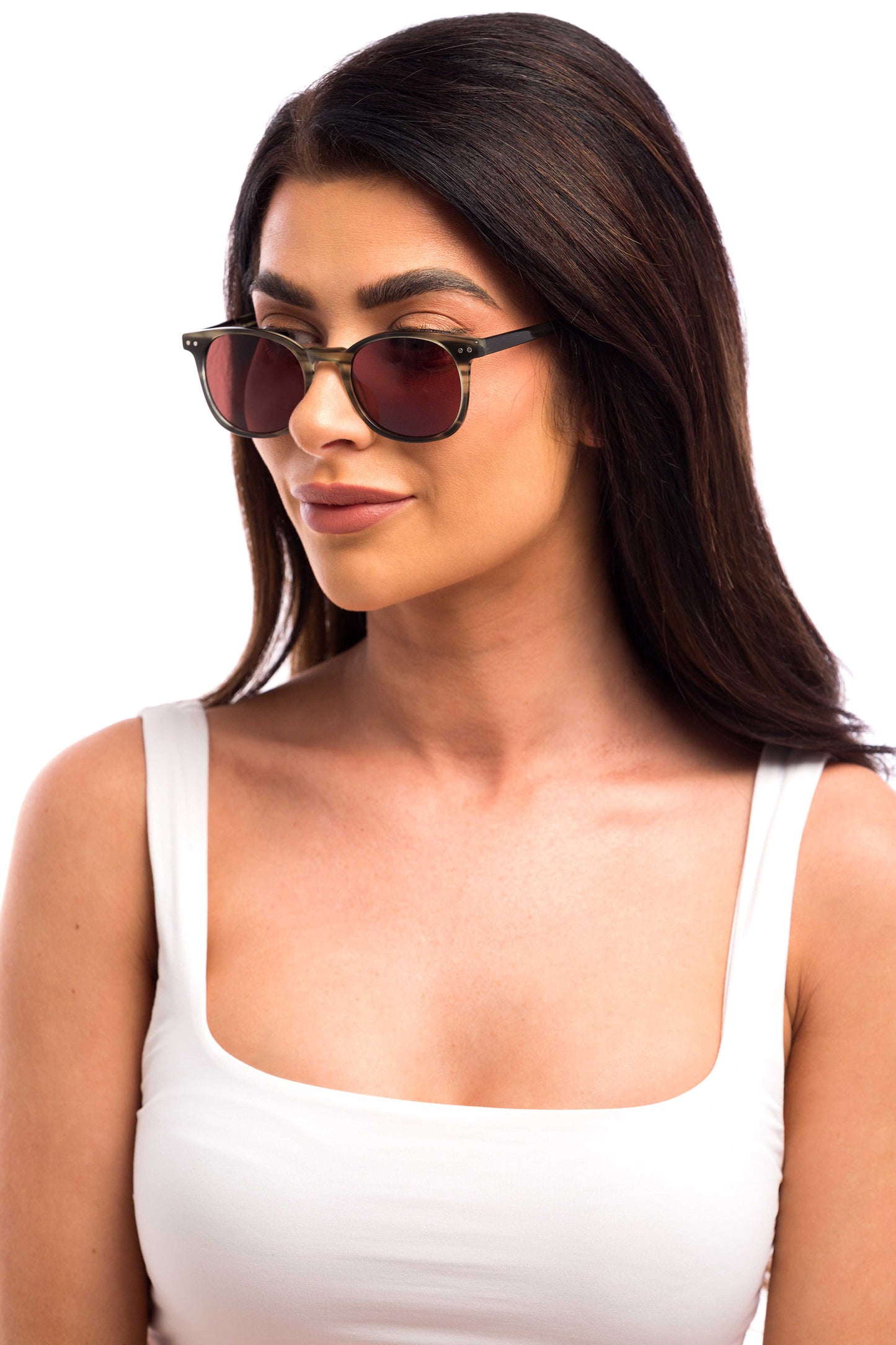 Woman Wearing Arrow Sunglasses (Brown)