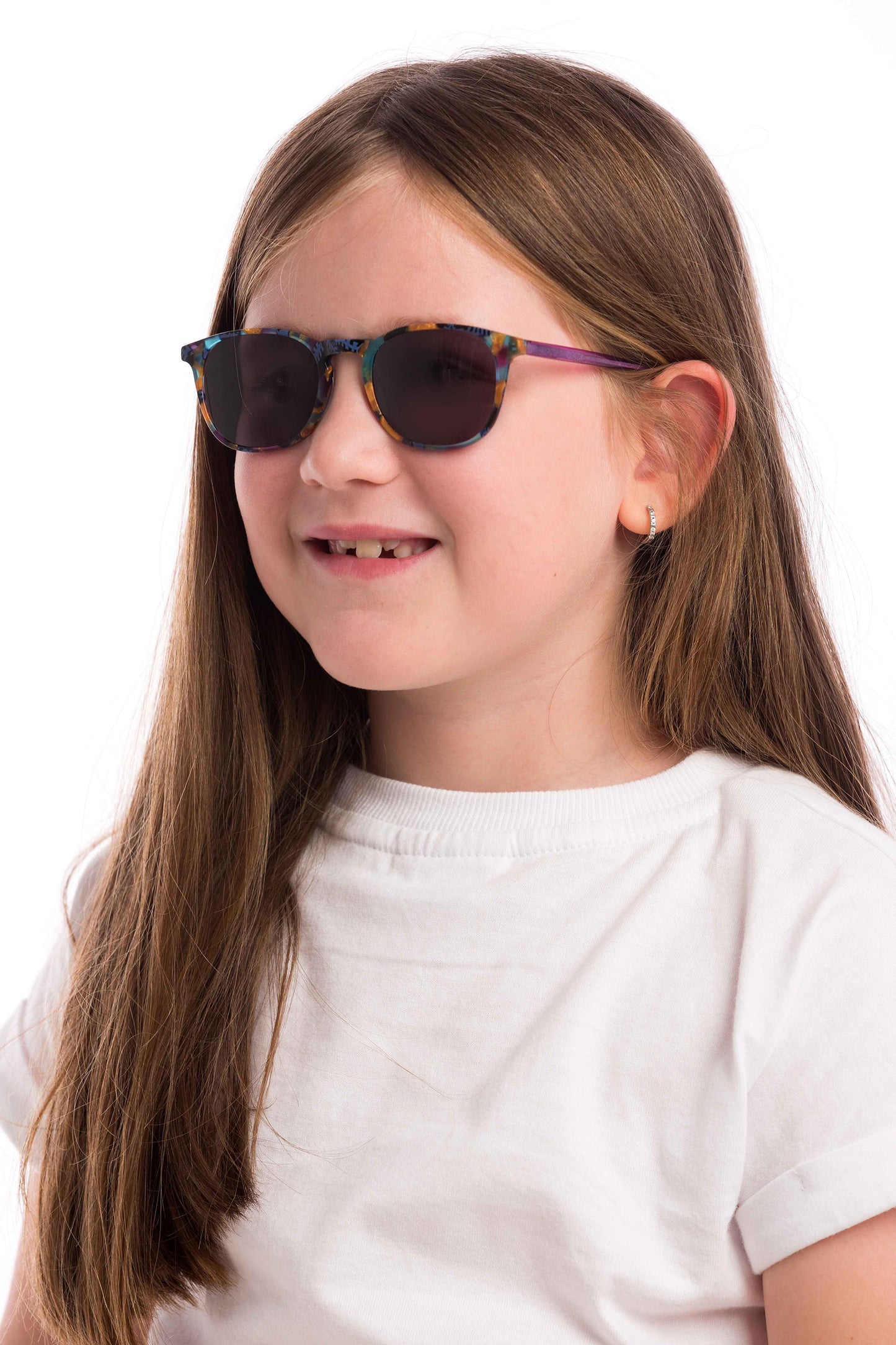 Girl Wearing Elsa Kids Sunglasses Readers (Grey) Angled View